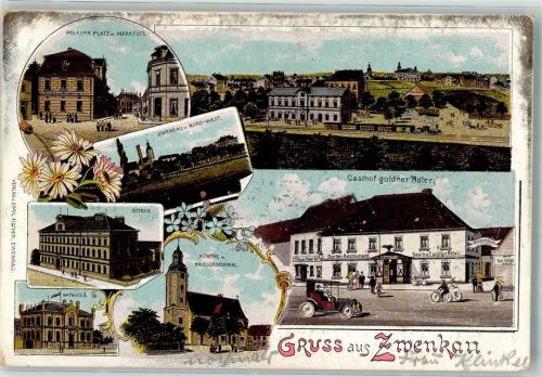 Zwenkau 1909 Pegauer Platz Marktstraße Gasthaus Zum goldnen Adler Schule Rathaus Kirche Kriegerdenkmal
