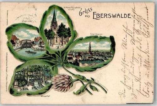 16225 O1300 Eberswalde 1910 Lithographie Zugbrücke St. Maria Magdallenen Kirche Wasserfall Passepartout VierblättrigesKleeblatt