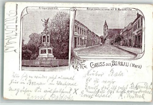 16321 O1280 Bernau b Berlin 1899 - Kriegerdenkmal Bürgermeisterstraße St. Marienkirche Bahnpost Stolp - Berlin