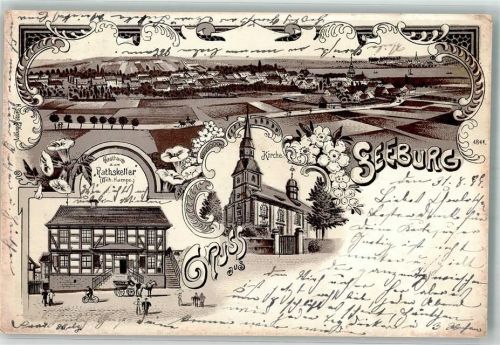 37136 W3401 Seeburg , Niedersachs 1899 Lithographie Gasthaus Ratskeller Dorfkirche