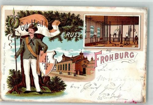 Frohburg 1900 Turner Fahnenträger Turnhalle Turngeräte Bahnpoststempel