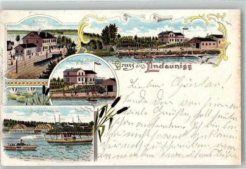 24392 W2347 Lindaunis 1899 Lithographie Bahnhof Gasthaus am Bahnhof Th. Ernst Schleibrücke Raddampfer