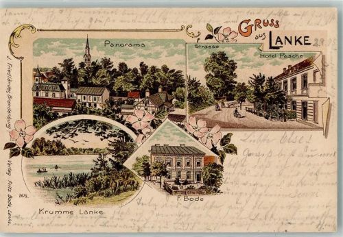 16348 O1281 Lanke 1905 Lithographie Krumme Lanke Geschäft F. Bode Hotel Pasche
