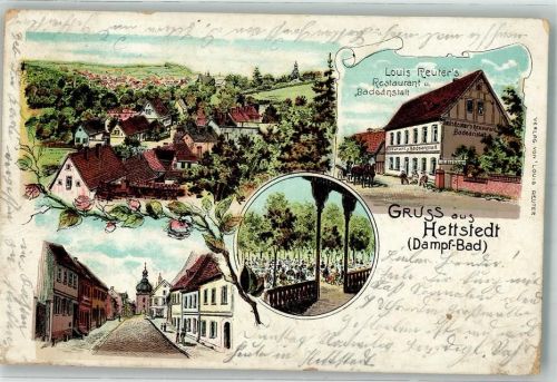 06333 O4270 Hettstedt , Sachs-Anh 1906 Lithographie Dorfstraße Gasthaus und Badeanstalt Garten