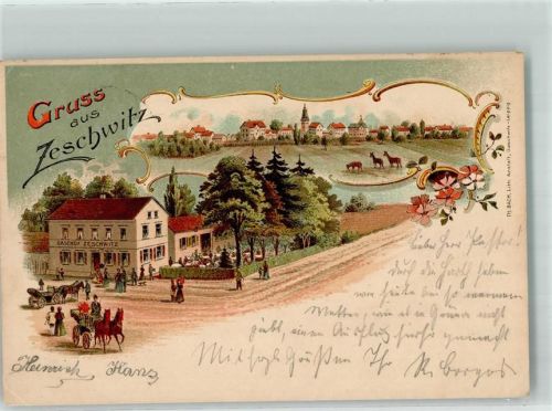 04703 O7321 Zeschwitz 1907 Lithographie Gasthaus Kutschen