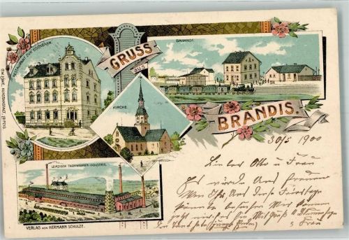 Brandis 1900 Bahnhof Gasthaus zur Eisenbahn Leipziger Tonwarenfabrik
