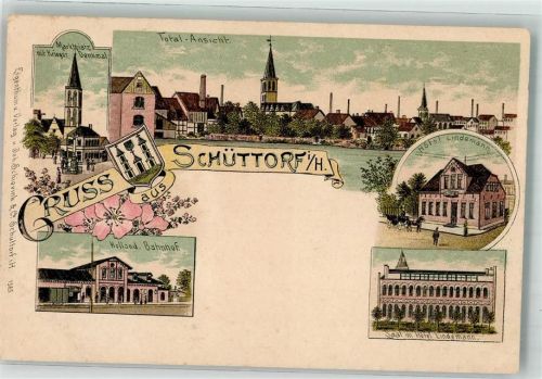 48465 W4443 Schüttorf Lithographie Marktplatz Kriegerdenkmal Hotel Lindemann Holland Bahnhof Saal im Hotel Lindemann