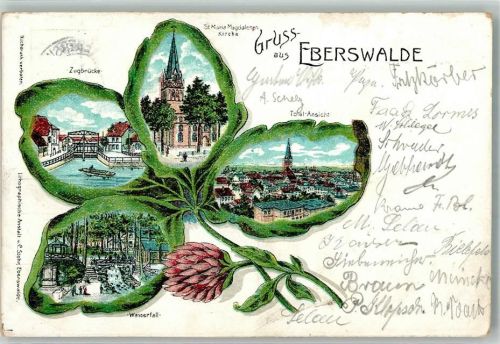 16225 O1300 Eberswalde 1906 Lithographie Zugbrücke St. Maria Magdalenen Kirche Wasserfall Passepartout Vierblättriges Kleeblatt