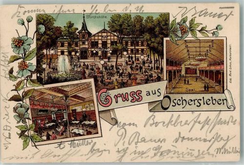Oschersleben 1900 Gasthaus Etablissement Storchhöhe Gaststube Saal Garten Springbrunnen