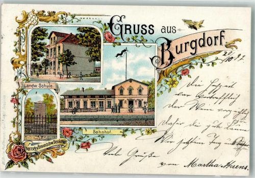31303 W3167 Burgdorf , Kr Hannover 1897 Lithographie Bahnhof Herzog v. Braunschweig-Denkmal Landw. Schule Rosen Bahnpoststempel