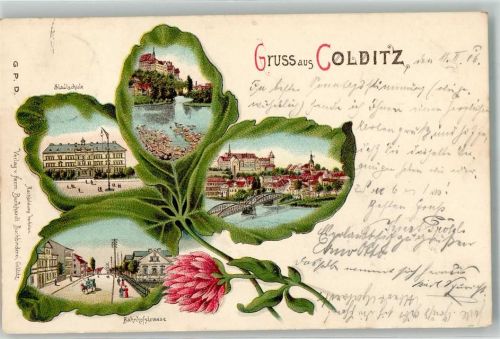 Colditz 1906 Stadtschule Bahnhofstrasse Vierblättriges Kleeblatt Passepartout