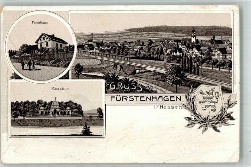 37235 W3436 Fürstenhagen , Hess 1906 Lithographie Forsthaus Mausoleum Wappen Bahnpost Kassel - Waldkappel Zug 264