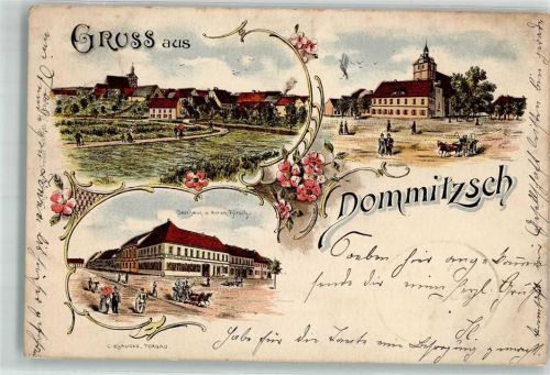 04880 O7294 Dommitzsch 1900 Lithographie Gasthaus zum Roten Hirsch Feldweg Bahnpost Torgau-Pretzsch Zg. 837