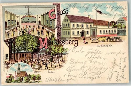 04416 O7113 Markkleeberg 1900 Lithographie Gasthaus zum heiteren Blick Garten Ballsaal Postkutsche
