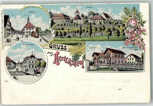 79423 W7843 Heitersheim 1900 Lithographie Rathaus Hauptstraße Bahnhof Bahnhofsgasthaus