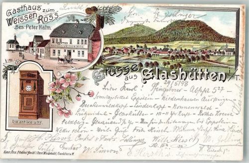 61479 W6246 Glashütten , Taunus 1898 Lithographie Antike Standuhr Gasthaus zum weissen Ross
