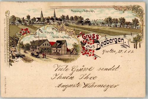 49635 W4574 Badbergen 1902 Lithographie Getreide-Großhandlung Gasthaus Osing Erh. II Beschnitten