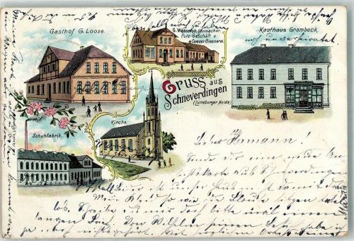 29640 W3043 Schneverdingen 1898 Lithographie Schuhfabrik Gasthaus Loose Uhrmachergeschäft Wesseloh