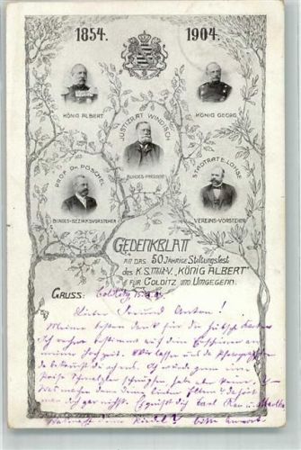 Colditz 1904 Gedenkblatt an das 50 jährige Stiftungsfest des K. S. Milit. V. König Albert