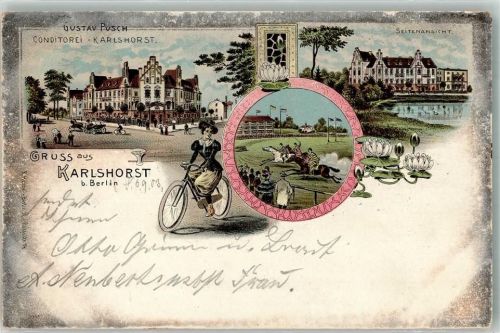 10115 O1157 Karlshorst 1903 Lithographie Fahrradfahrerin Galopprennen Conditorei Pusch Seerosen