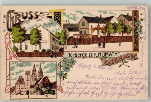 04758 O7260 Oschatz 1916 Lithographie Herberge zur "Heimat" Kirche Rathaus