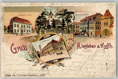 99189 O5101 Ringleben b Gebesee 1899 Lithographie Pfarrhaus Gasthaus zum Ring Gemeinde-Gasthaus