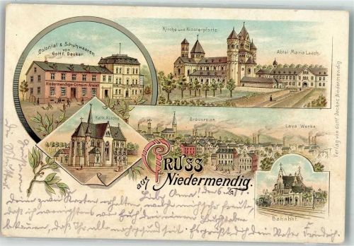 Niedermendig 1917 Kirche Klosterpforte Schuhwarenhandlung Decker Lava-Werke Brauereien Vereinslazarett-Stempel