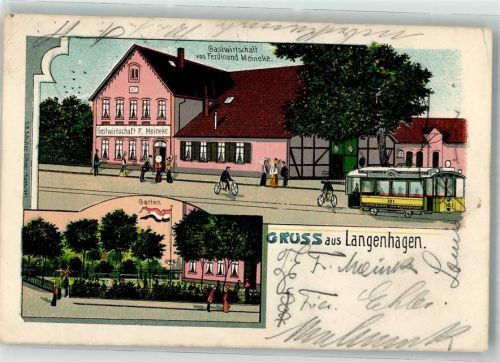 30851 W3012 Langenhagen , Han Lithographie Gasthaus Meineke Garten Straßenbahn