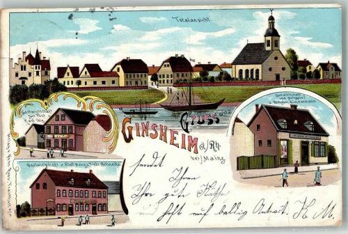 65462 W6095 Ginsheim-Gustavsburg 1902 Lithographie Gasthaus-Metzgerei Zimmermann Gasthaus zur Stadt Mainz Gasthaus zur Post