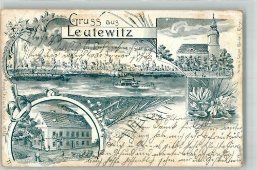 01587 O8401 Leutewitz b Riesa 1903 Lithographie Vorläufer Ausflugs-Dampfer Gasthaus Kirche Seerosen