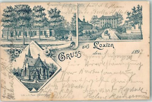 33775 W4804 Loxten 1897 Lithographie Vorläufer Kirche Gasthaus Schloß
