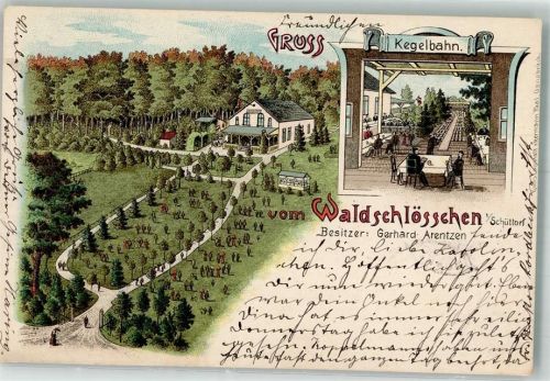 Schüttorf 1900 Gasthaus zum Waldschlößchen Kegelbahn Bahnpost Rheine-Löhne Zg. 533