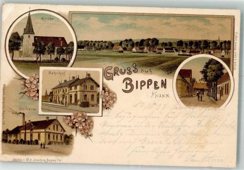49626 W4576 Bippen 1897 Lithographie Kirche Bahnhof Molkerei