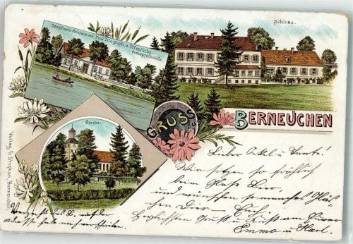Berneuchen Barnowko 1899 Lithographie Schloss Gasthaus Stephan Postamt Kirche