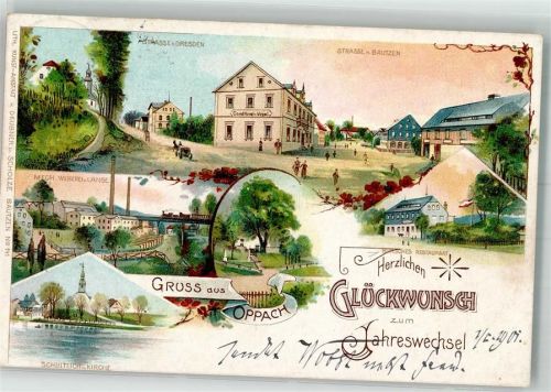 02736 O8717 Oppach 1901 Lithographie Gasthaus Bursche Schulteich Mech. Weberei Lange Neujahreskarte