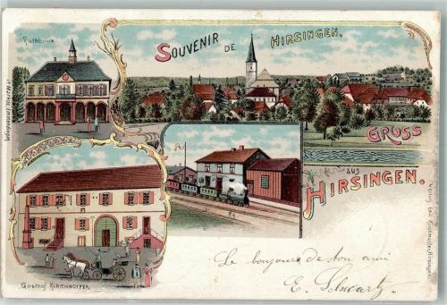 Hirsingue 1898 Bahnpost Mühlhausen-Pfirt Zug 426 Rathaus