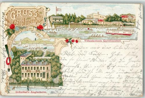 10115 W1000 Wilmersdorf 1902 Lithographie Villenkolonie Carolinenhof Spree Grünthal's Anglerheim