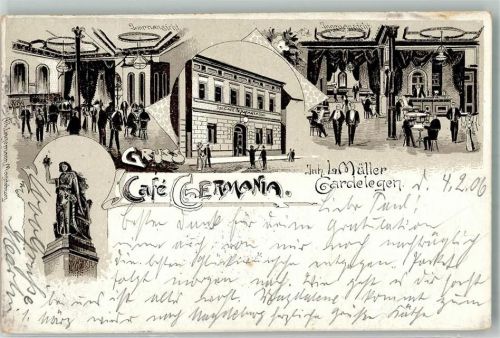 Gardelegen 1906 Cafe Germania Statue Bahnpost -Hannover Zg. 245