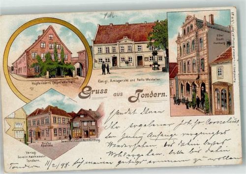 Tondern Tonder 1898 Lithographie Amtsgericht Rachs Weinkeller Hopfenkarre Apotheke