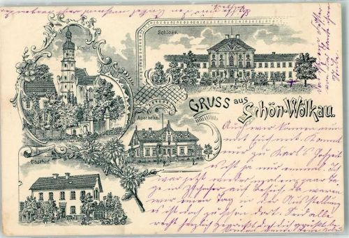 04509 O7271 Schönwölkau Lithographie Vorläufer Kirche Apotheke Schloß Gasthaus
