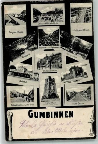 Gumbinnen Gussew 1915 - Bismarckturm Oberpostdirektion Kaserne Bahnhof
