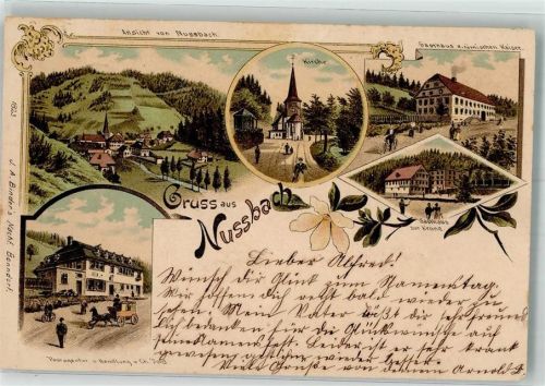 78098 W7740 Nußbach , Schwarzwaldbahn 1898 Lithographie Postagentur Postkutsche Gasthaus zur Krone Gasthaus zum römischen Kaiser