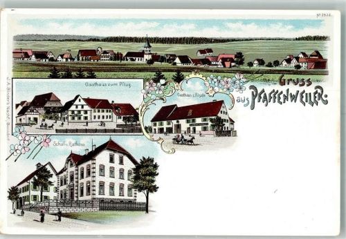78048 W7730 Pfaffenweiler , Schwarzw Lithographie Schul- und Rathaus Gasthaus zum Pflug Gasthaus zum Rössle