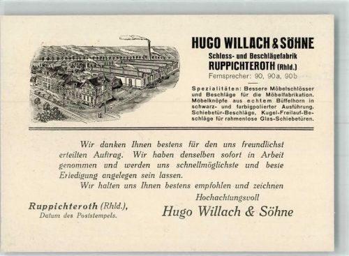 Ruppichteroth Schloß- und Beschlägefabrik Willach & Söhne Auftragserteilung Postkarte