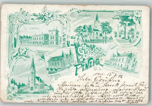 Penzig 1906 Kath. Kirche Bahnhof Postamt Ev. Kirche Kriegerdenkmal
