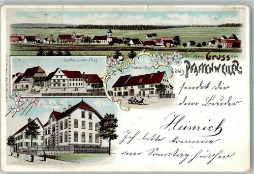 78048 W7730 Pfaffenweiler , Schwarzw 1900 Lithographie Schul- und Rathaus Gasthaus zum Pflug Gasthaus zum Rössle