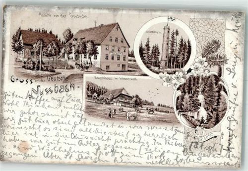 78098 W7740 Nußbach , Schwarzwaldbahn Lithographie Schwarzwälder Bauernhaus Rinderwiese Aussichtsturm Wasserfall Gasthaus zur Geutsche Bahnpost Konstanz-Offenburg