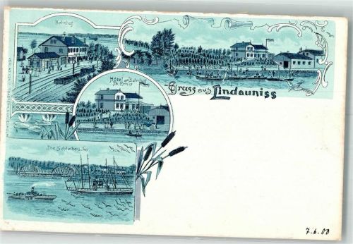 24392 W2347 Lindaunis 1900 Lithographie Bahnhof Hotel am Bahnhof Schleibrücke Seerosen