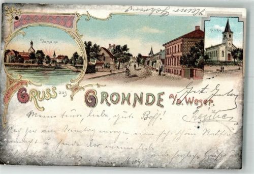 31860 W3254 Grohnde 1902 Lithographie Domaine Dorfstraße Kirche