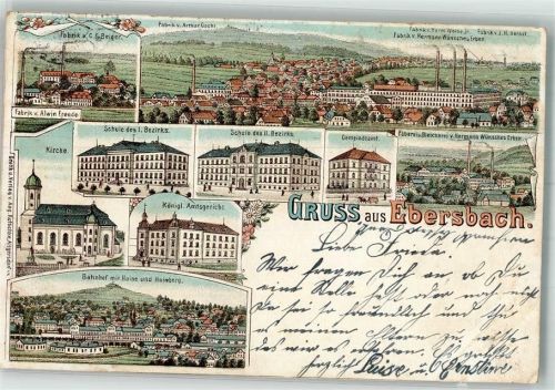 02730 O8705 Ebersbach , Sachs 1898 Lithographie Gemeindeamt Kgl. Amtsgericht Färberei-Blechnerei Hermann Wünsche's Erben